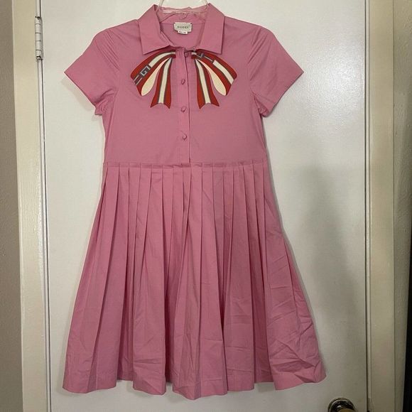 Sold🎉NWOT Gucci Kids poplin pleated dress with bow in pink size 12 - Picture 2 of 8